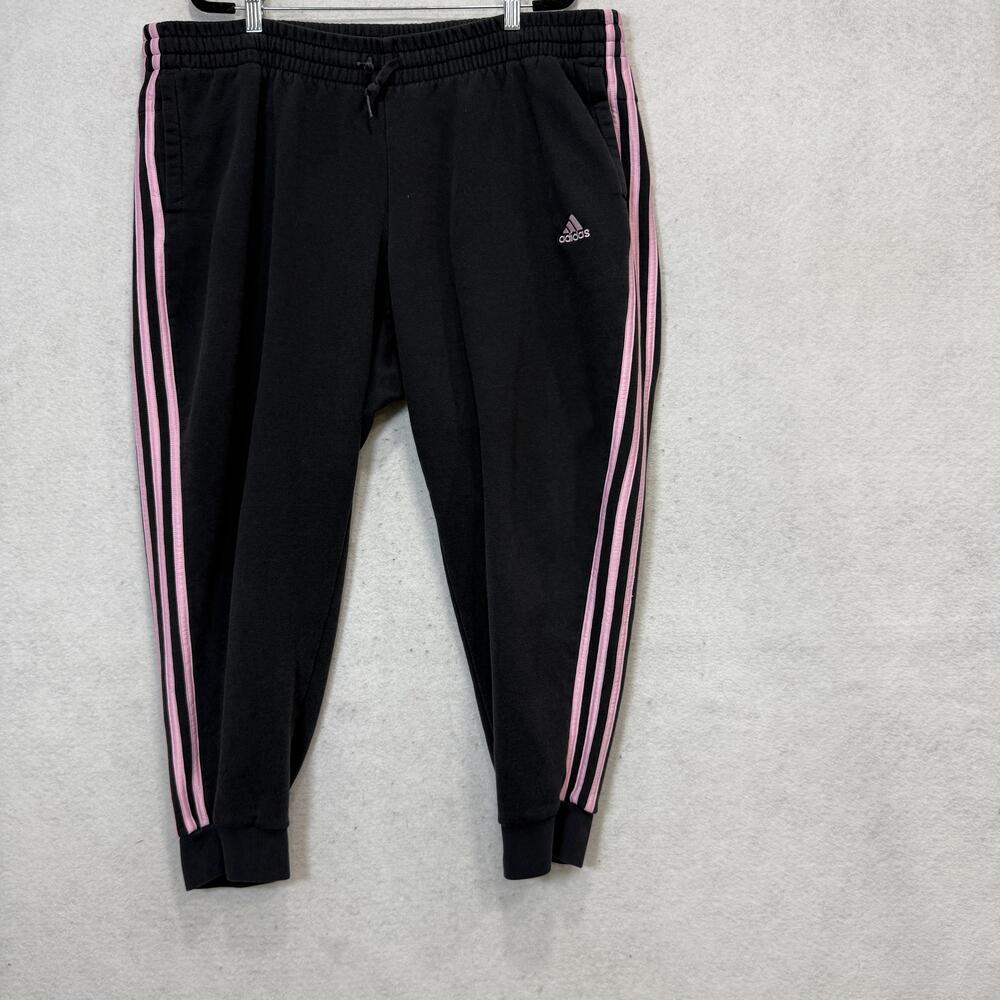 Adidas Jogger Pants Womens 2X Black Pink 3 Stripe Fleece Elastic Waist Pockets